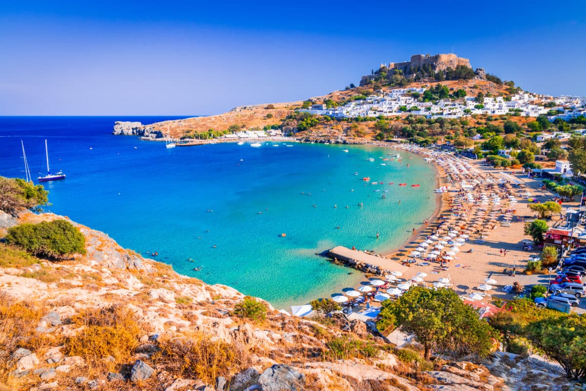 Lindos Acropolis and beach village on Rhodes, served by Rhodes International Airport