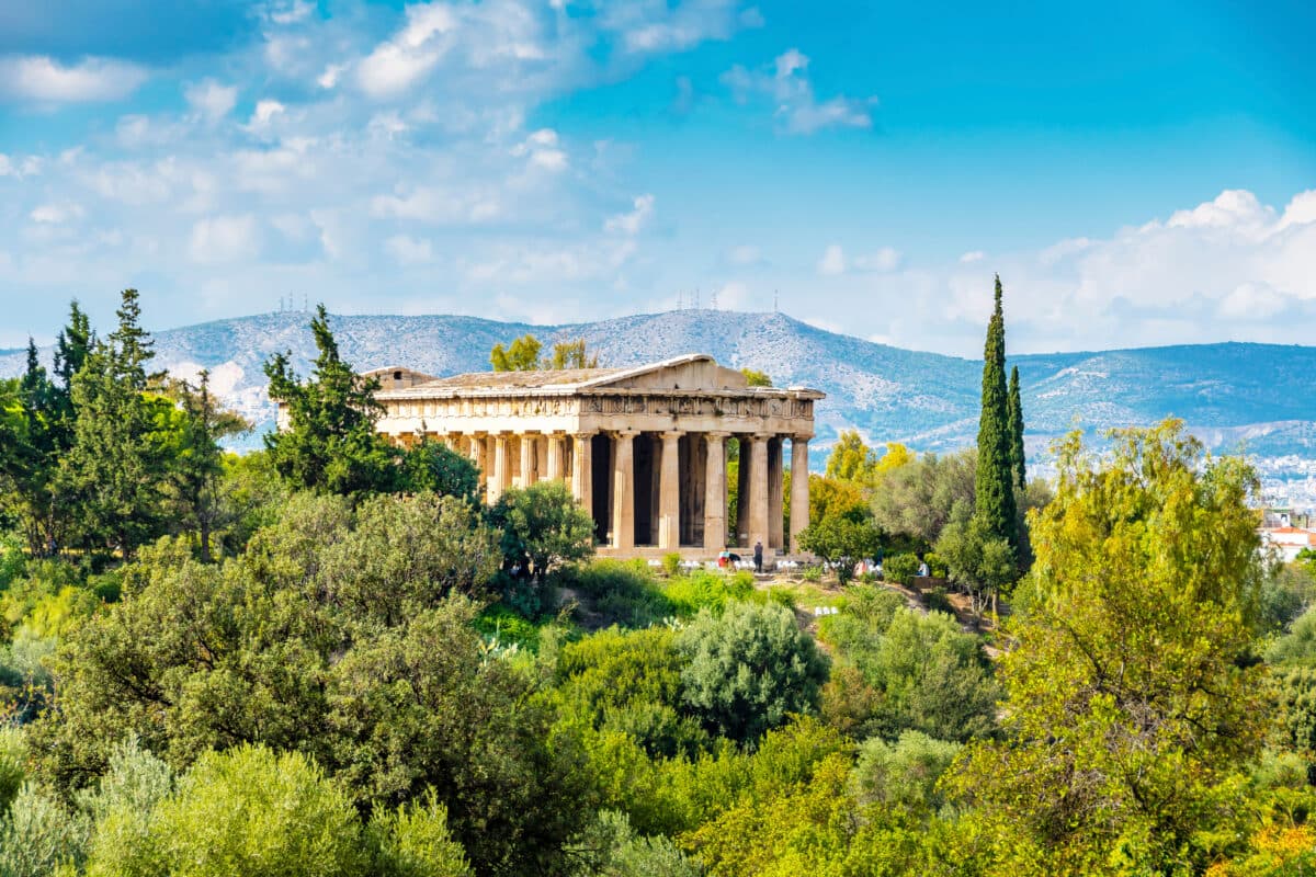 Ancient Agora of Athens featuring the well-preserved Temple of Hephaestus and classical Greek ruins.