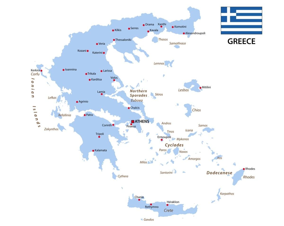 Map of Greece showing main regions and islands