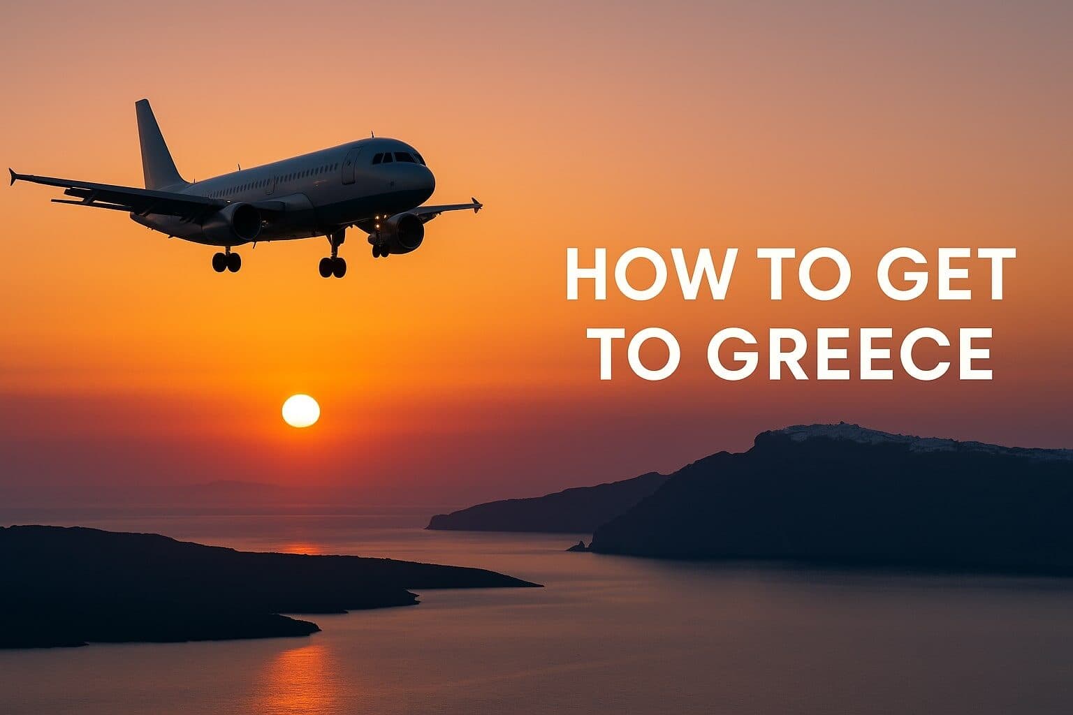 Airplane approaching Greece at sunset with How to Get to Greece text