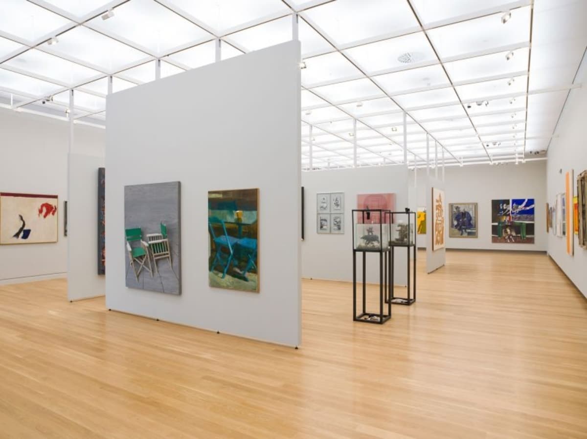 National Gallery - Alexandros Soutsos Museum interior featuring paintings, sculptures, abstract and figurative artworks.