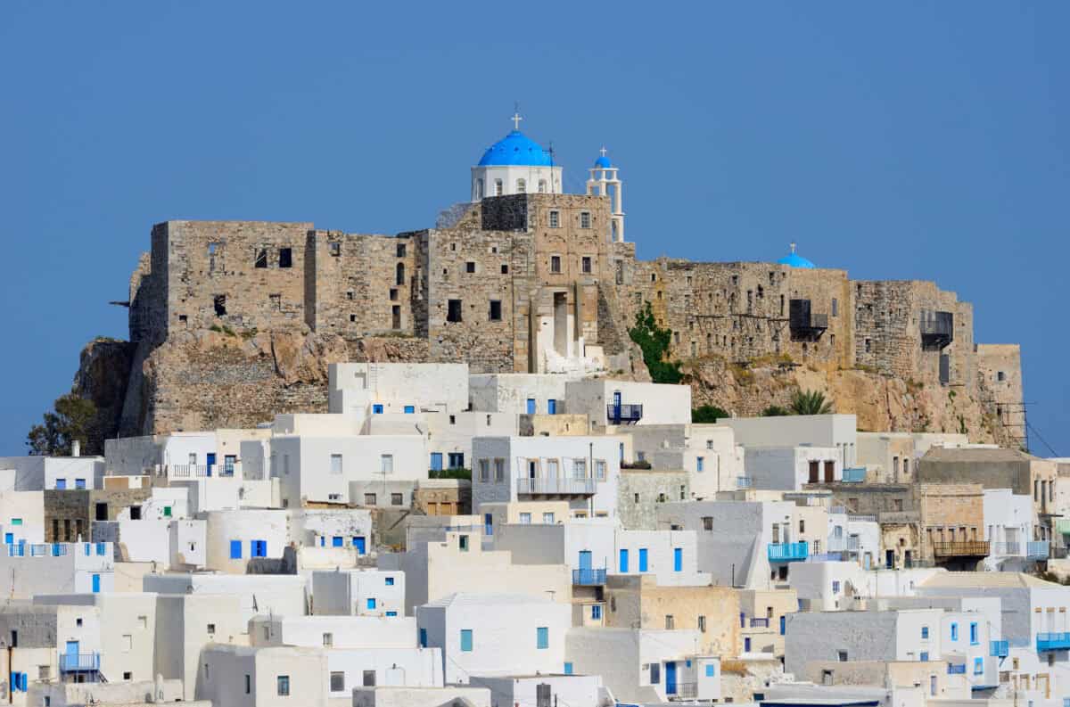 Querini Castle overlooking Astypalea Islands white Cycladic houses and Aegean Sea.